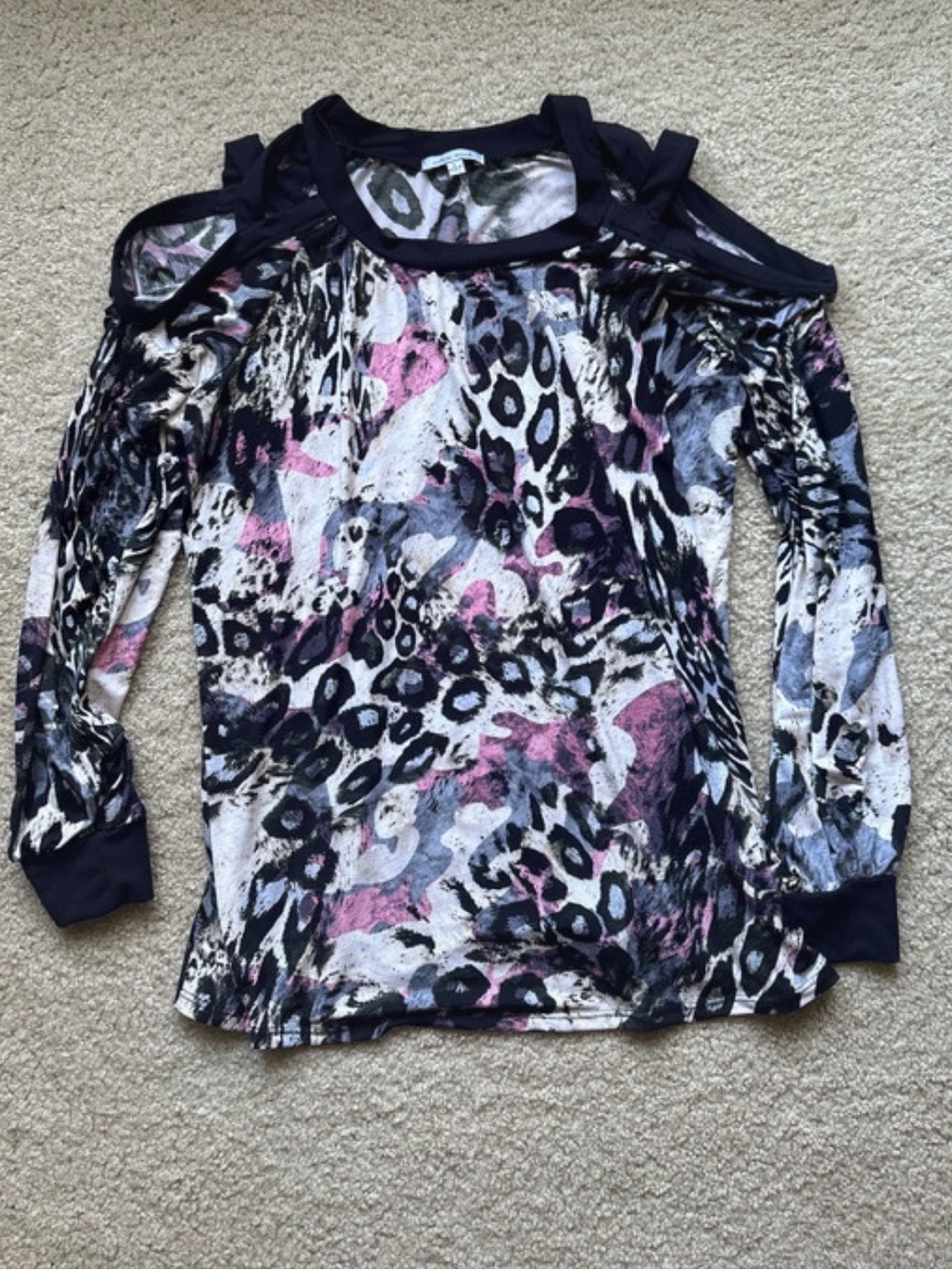white birch Pink and Black Cold-Shoulder Animal Print Blouse